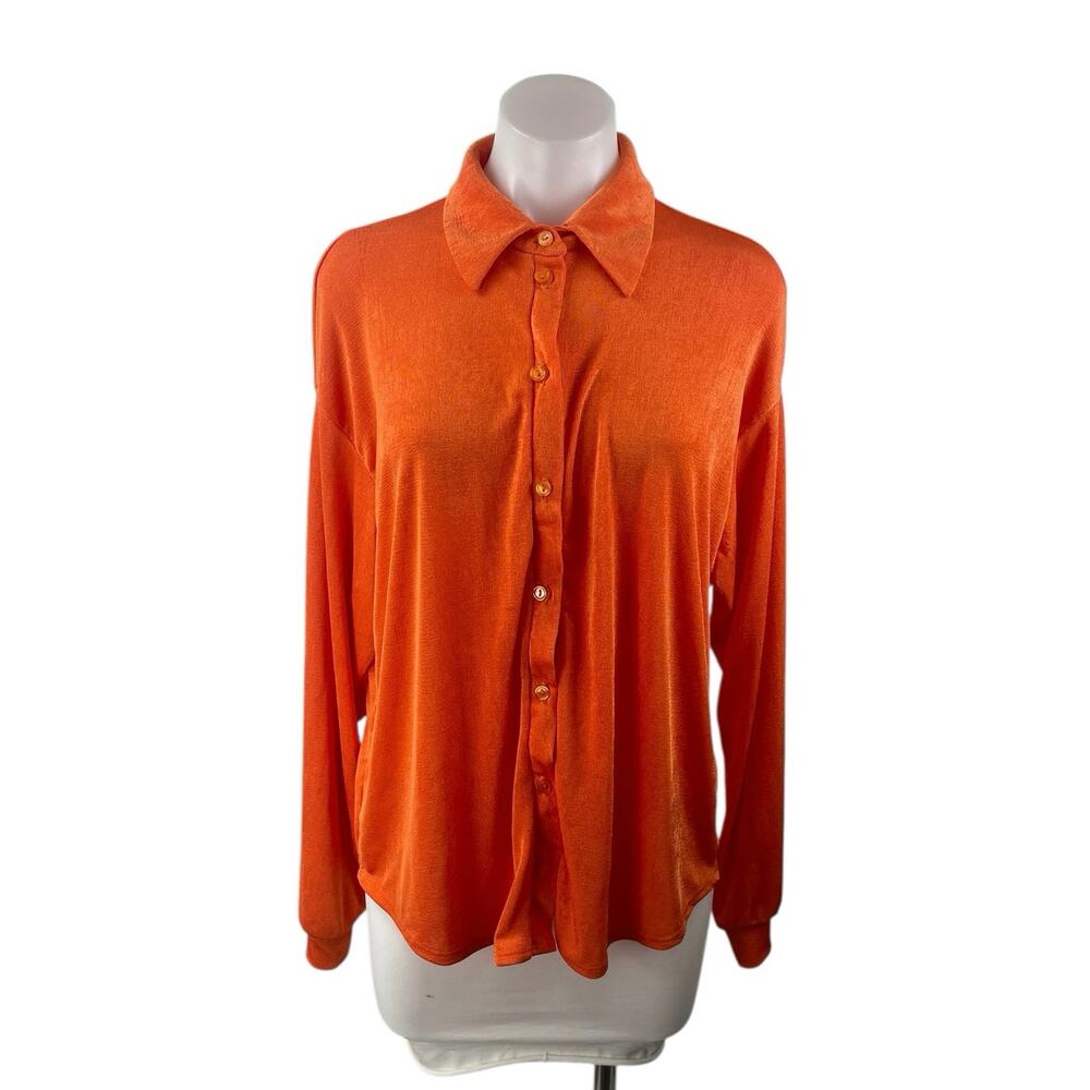 NEW Fashion Nova Women's Orange Faux Velvet Long Sleeve Button Down Shirt Top S